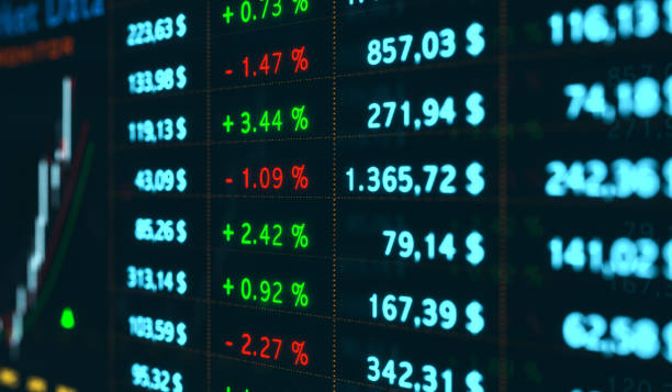 Monitor with information, percenateg signs, numbers, stock prices, charts and changes. Trading screen, investment, financial figures and market data. 3D illustration